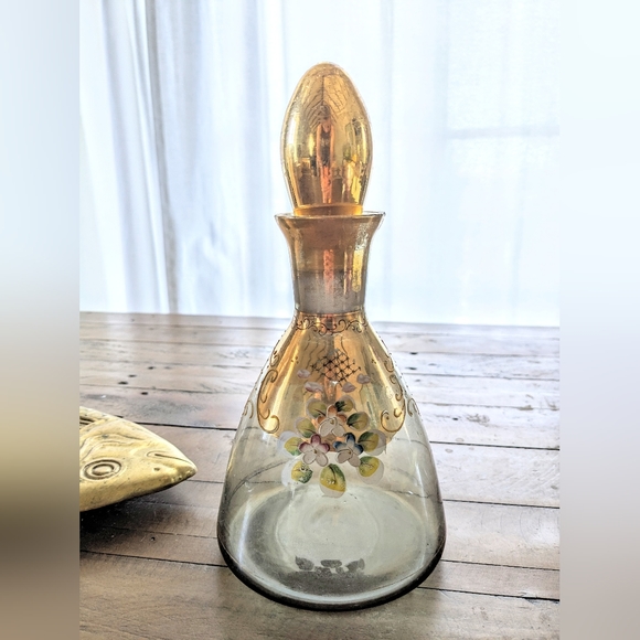 Vintage Smokey floral glass decanter gold accents Bohemia Glass - Picture 2 of 5